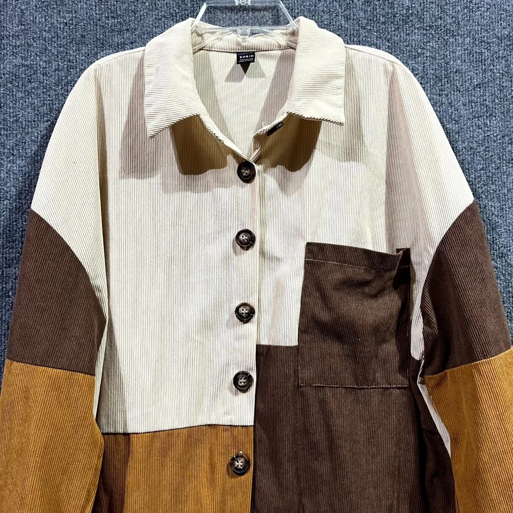 Shein Patchwork Corduroy Shacket‎ Womens L Multi Colorblock Button Up Outdoor